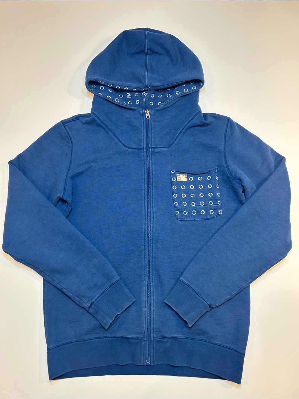 G-Star Raw Indigo Blue High Funnel Neck Full Zip Geometric Print Pocket Hoodie